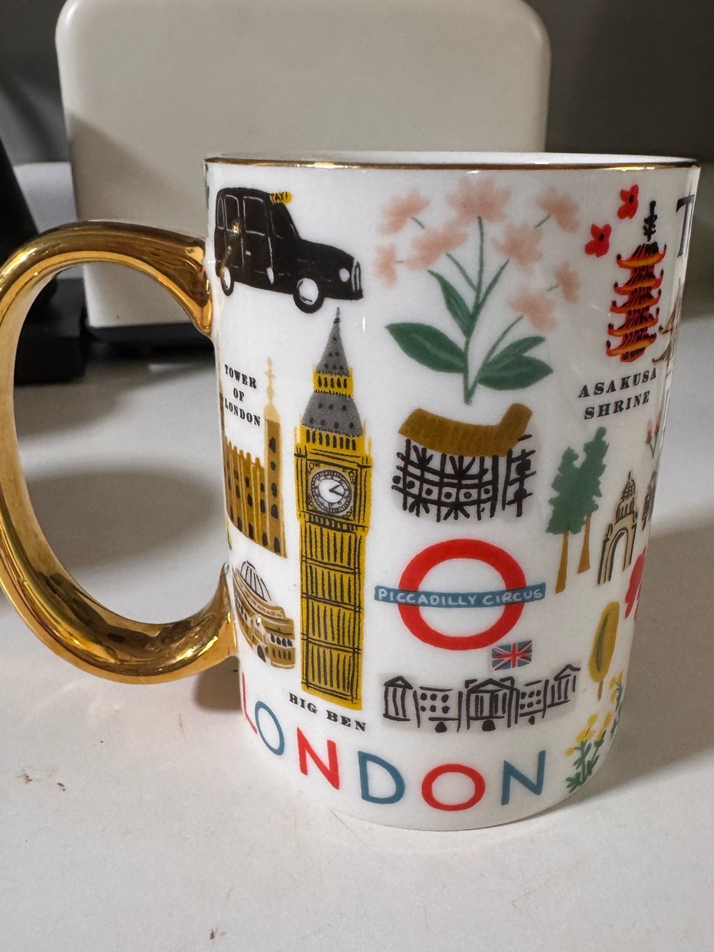 Rifle Paper Co. White Ceramic Travel Icons Mug with Gold Handle and Red Accents